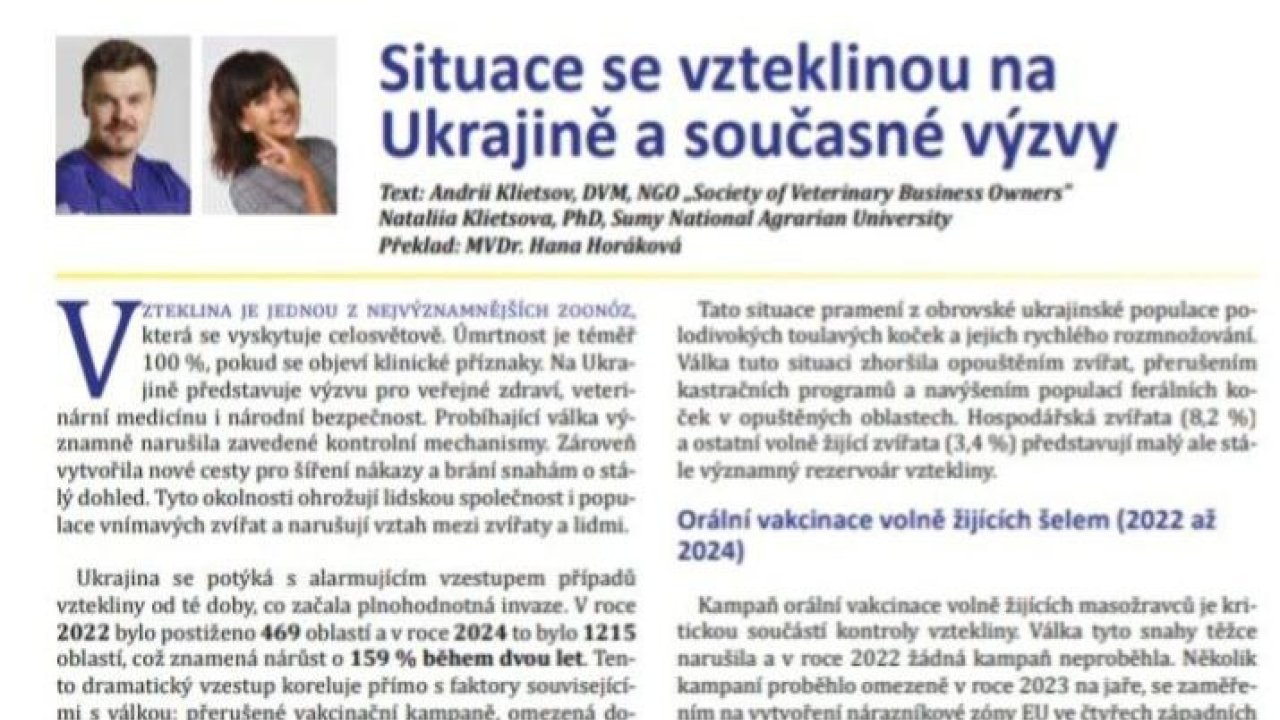 Publication in a Czech journal on the topic: "Rabies situation in Ukraine and current challenges"